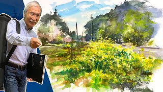 Eng sub Watercolor Sketch  Landscape of Canola flowers on the roadside  calming art [upl. by Downing170]