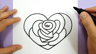 HOW TO DRAW A ROSE IN A LOVE HEART STEP BY STEP [upl. by Balcke]