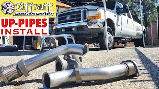 2001 F350 73  RiffRaff UpPipes Install  Stock up pipes leaking and falling apart JUNK SP [upl. by Anilecram]